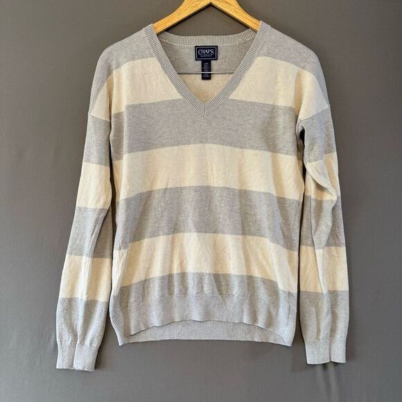Chaps Ralph Lauren Women’s Striped Sweater Size Large V-Neck Cotton Blend - Picture 1 of 7